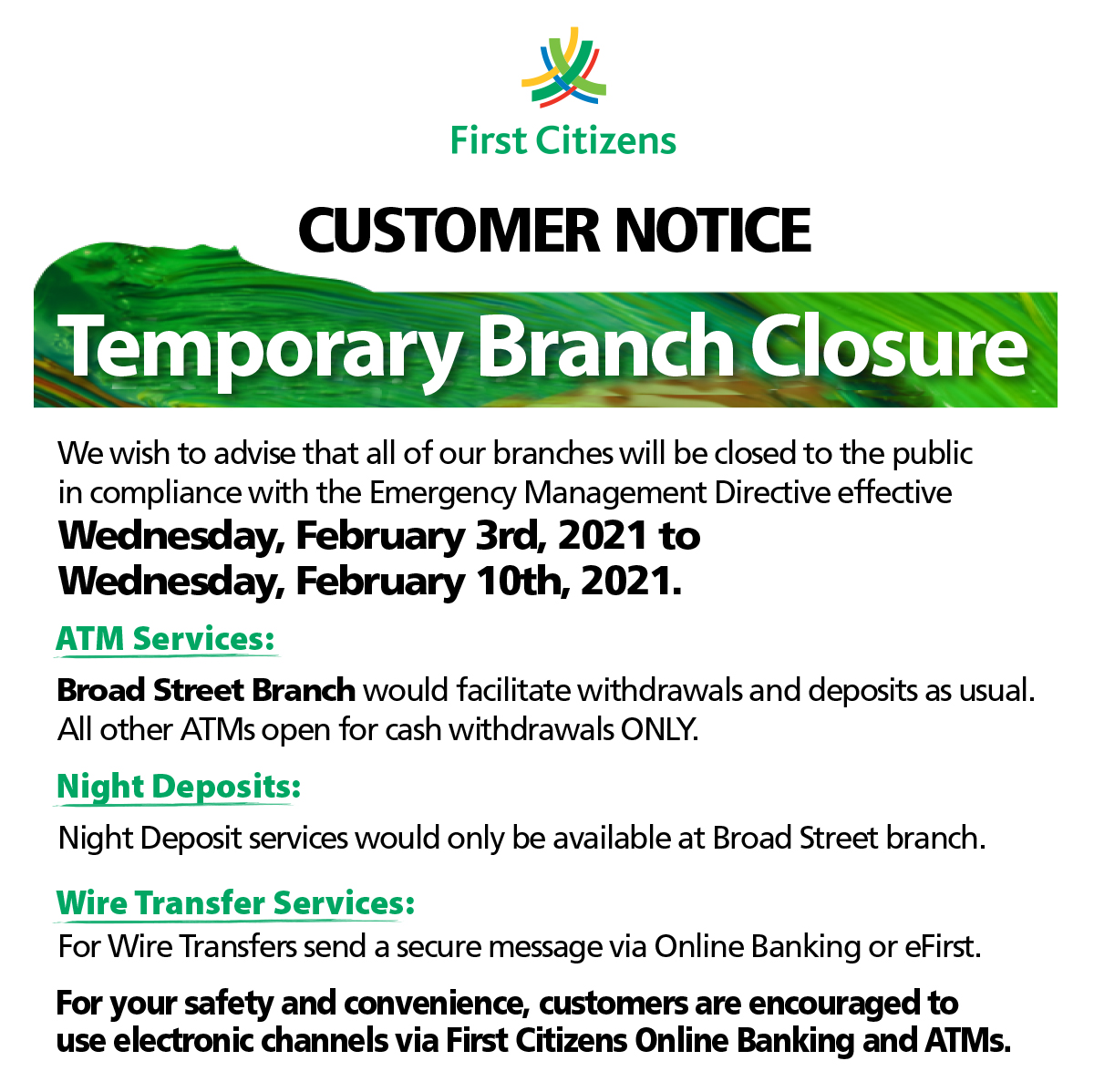 Services Offered during Branch Closure Barbados