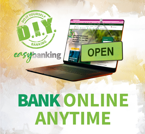 laptop with open sign for easybanking do it yourself bank online anytime