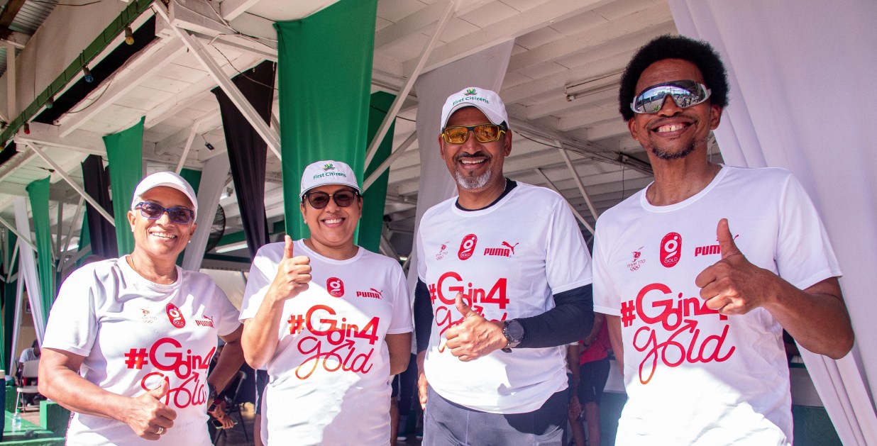 Image of Diane Henderson, TTOC President, Neela Moonilal-Kissoon, Group Deputy CEO – Operations and Administration, First Citizens, Larry Olton, General Manager – Operations First Citizens and Brian Lewis are all smiles after the 10th TTOC Gold Foundation walk