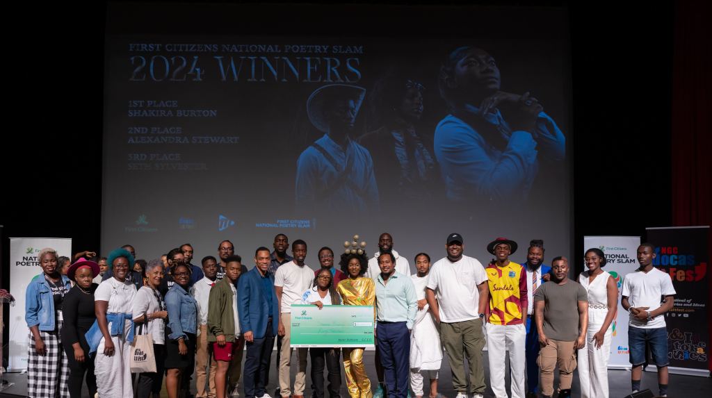 2024 First Citizens National Poetry Finalists posing with Winner Shakira Burton