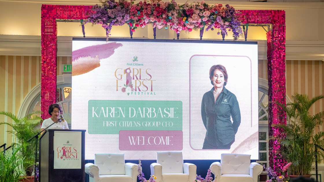 First Citizens Group CEO and Founder of the Girls First Festival - Karen Darbasie delivers welcome remarks at Girls First Tobago 2024