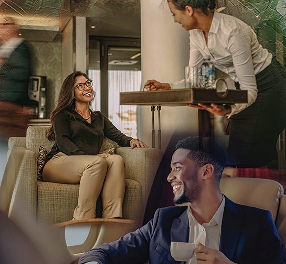 Couple smiling in restaurant
