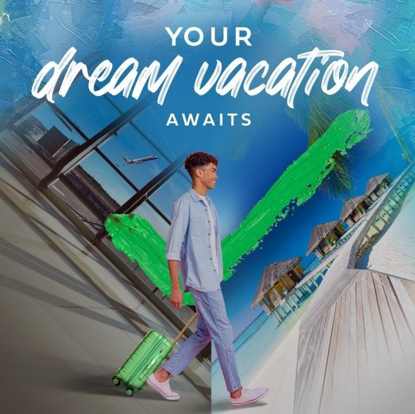 Guy with suitcase on a getaway vacation travel with an easy loan.