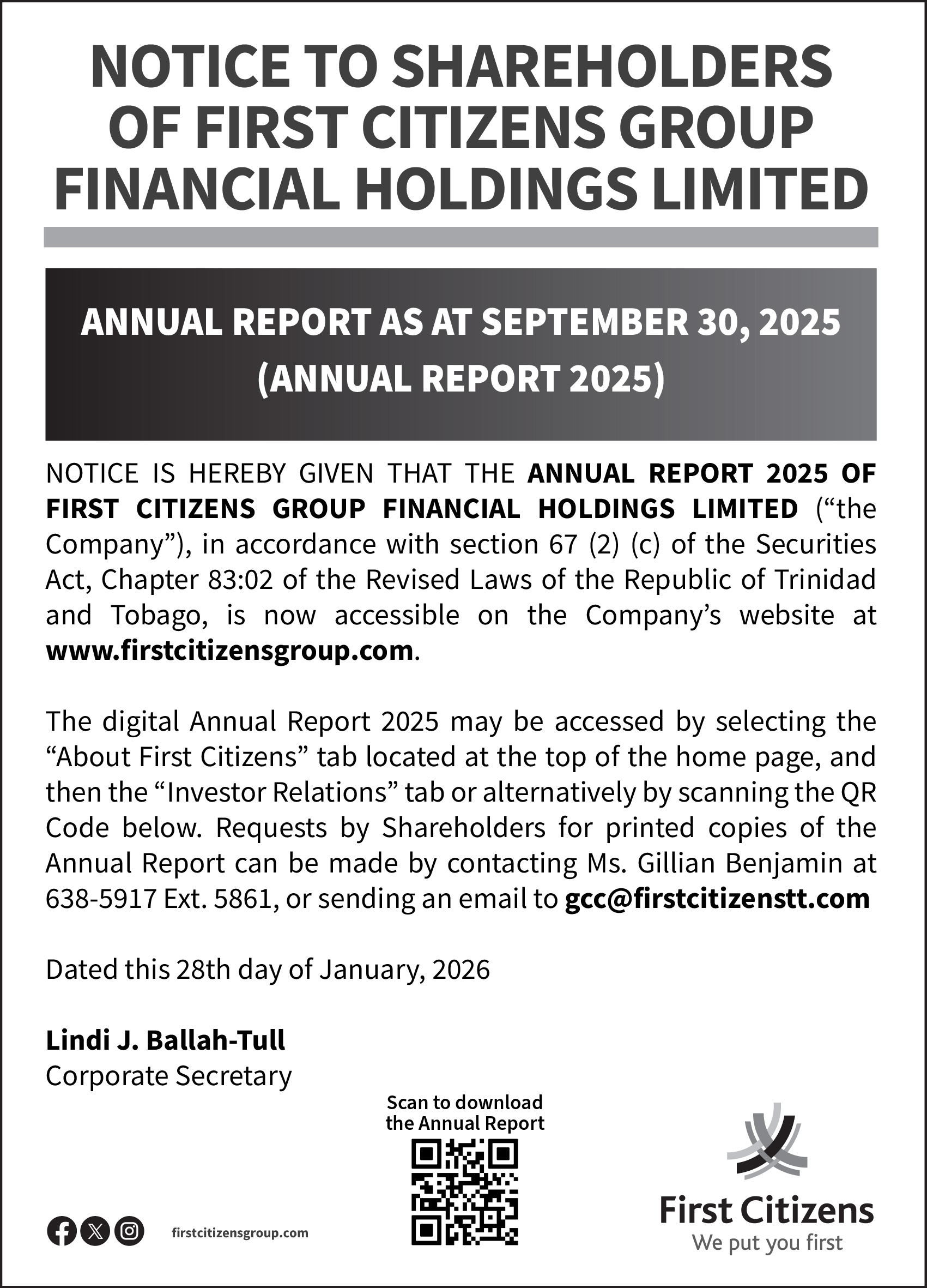 Notice To Shareholders Of First Citizens Group Financial Holdings ...